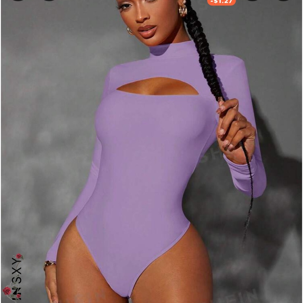 purple shein mock neck bodysuit